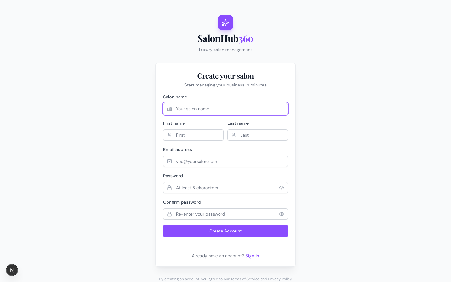 The Create your salon sign-up form with empty fields
