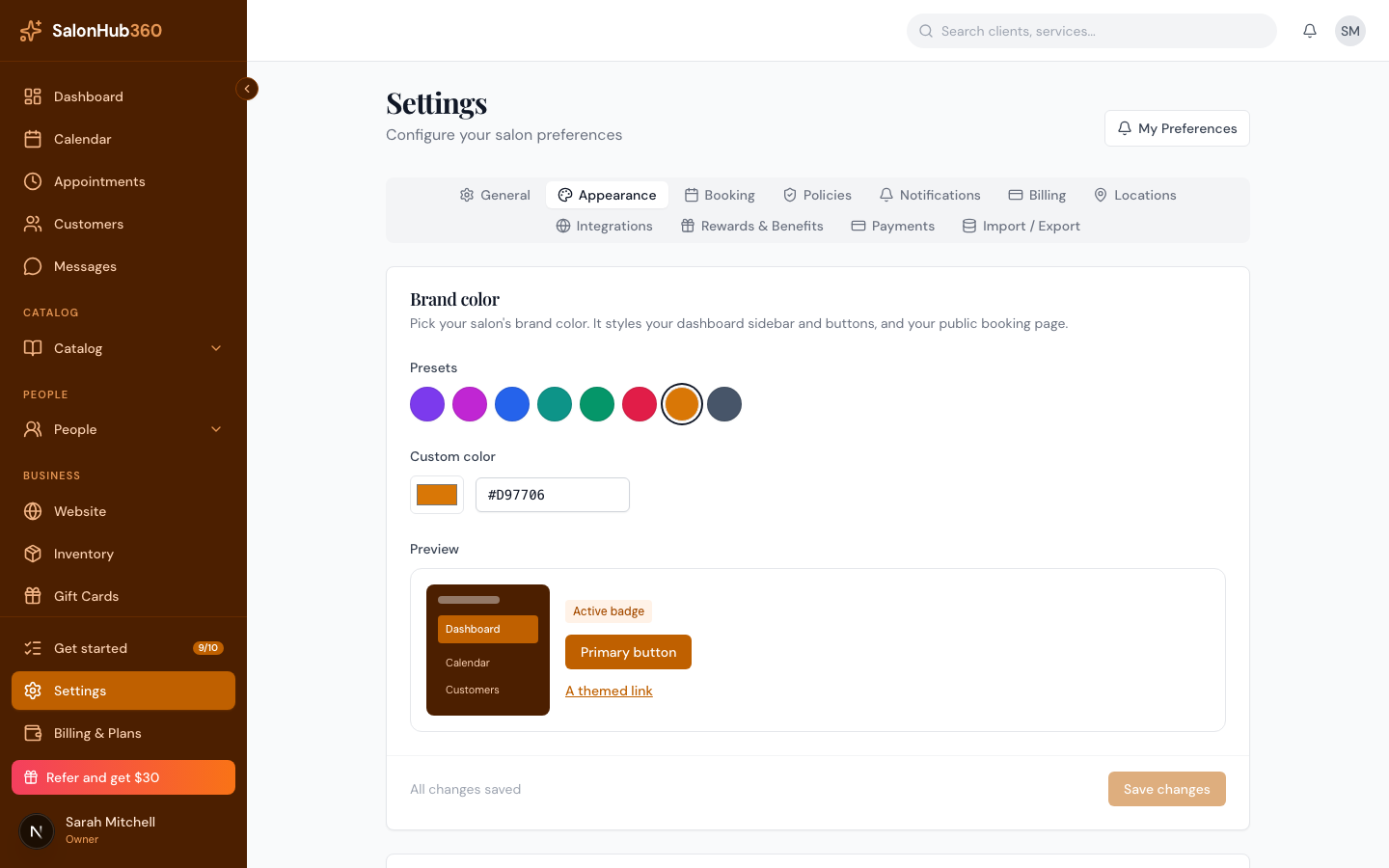 The Appearance tab showing the Brand color card
