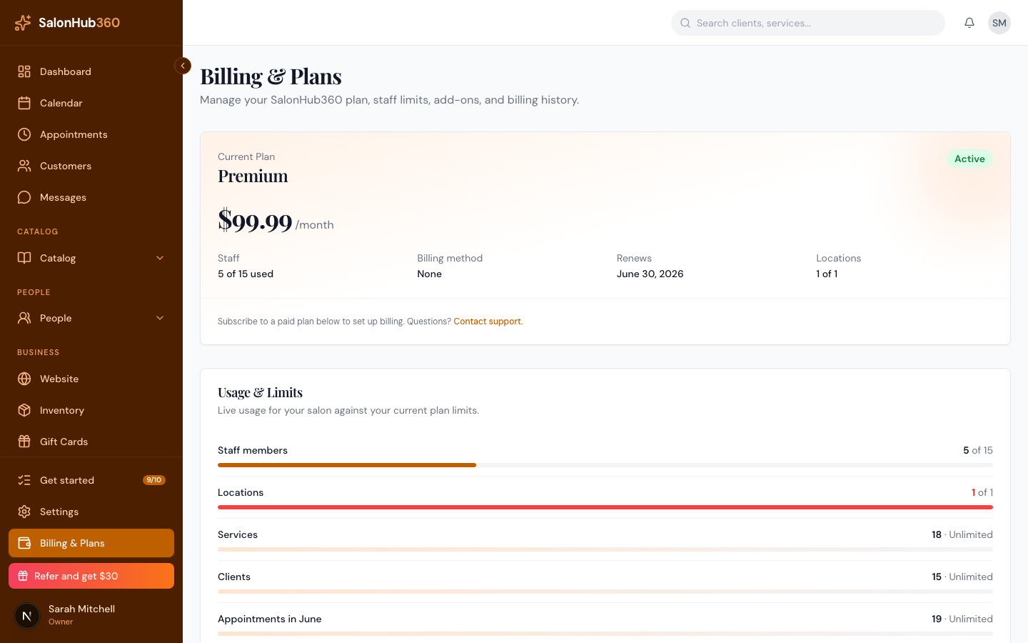 The Billing & Plans page showing the current plan, status, and usage