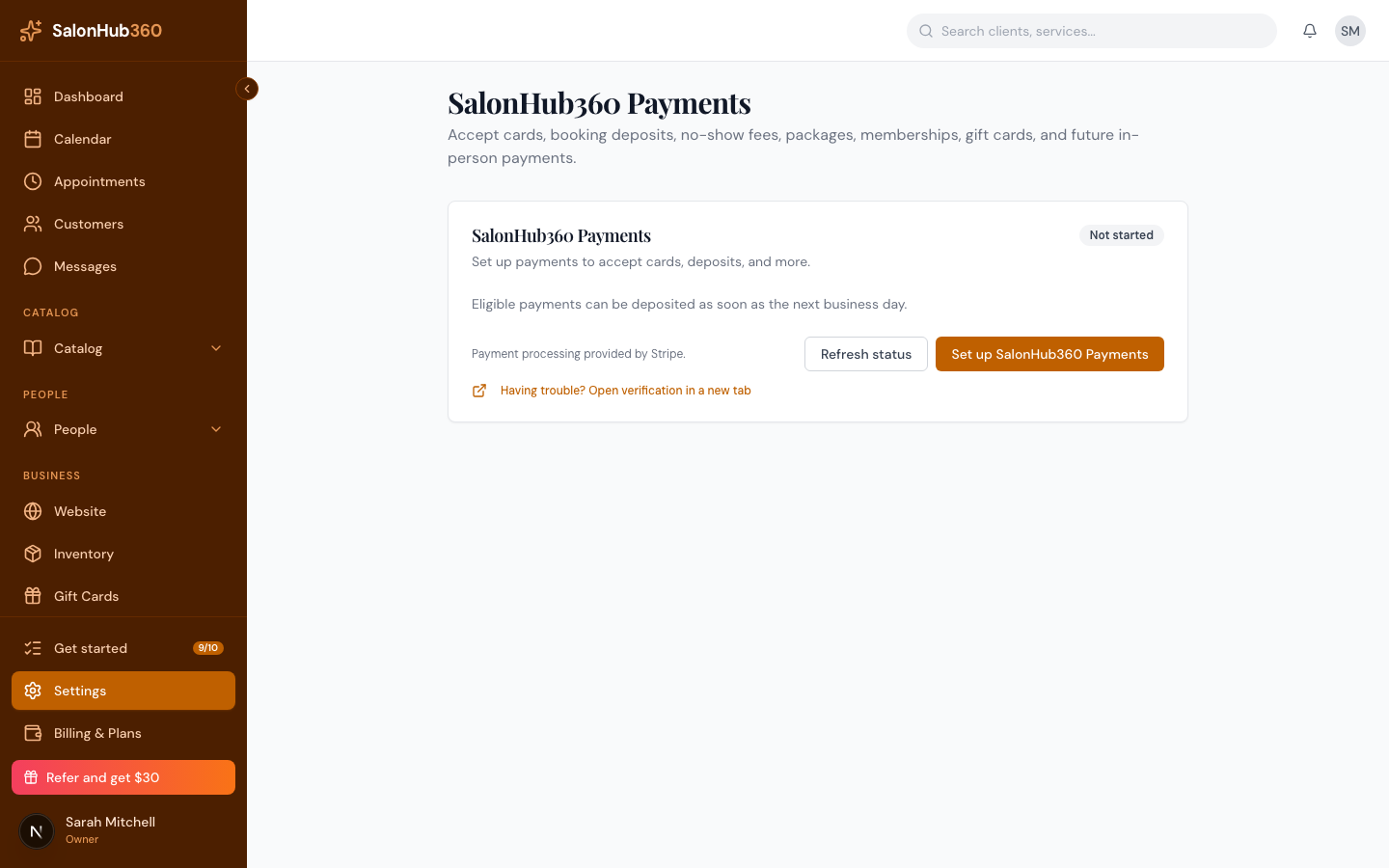 The Payments panel with the Set up SalonHub360 Payments button highlighted