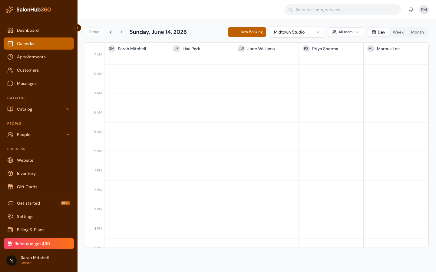 The services selector with a service chosen and the end-time summary showing