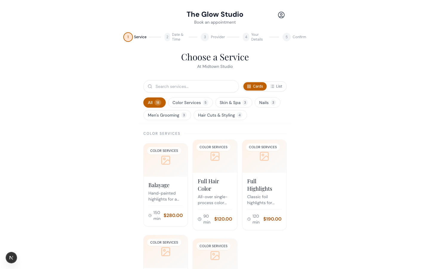 The booking page location step showing selectable location cards