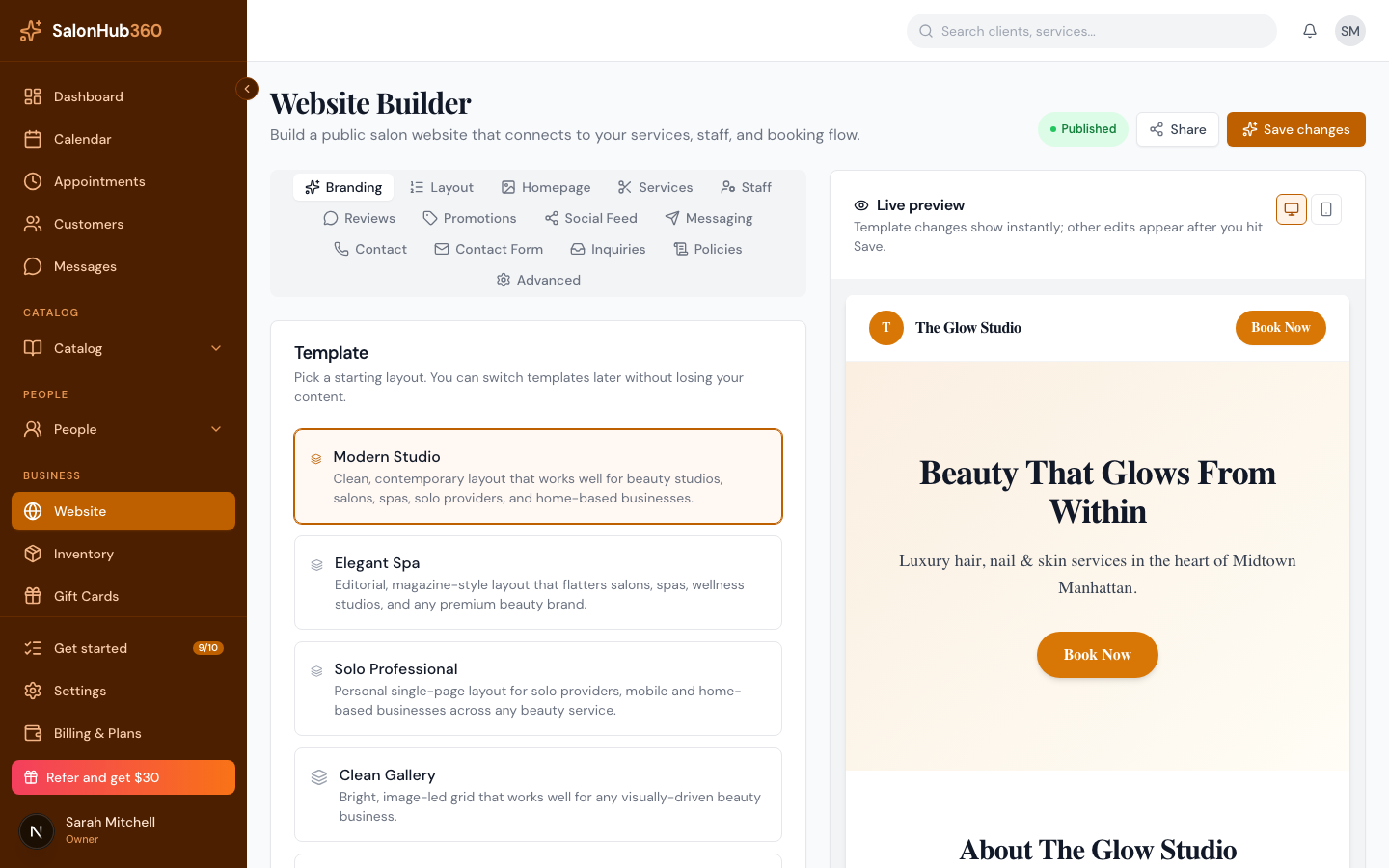 The Website Builder with a section tab selected and its on/off toggle