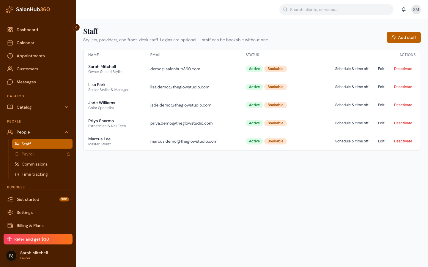 The Services section on a staff member's page with service checkboxes