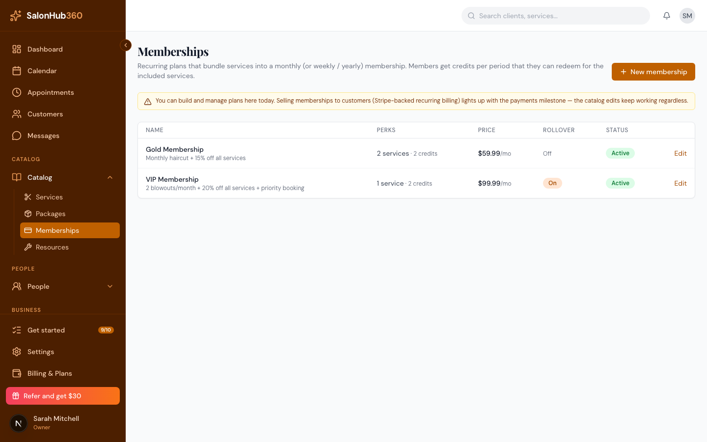 The Memberships page with the New membership button highlighted