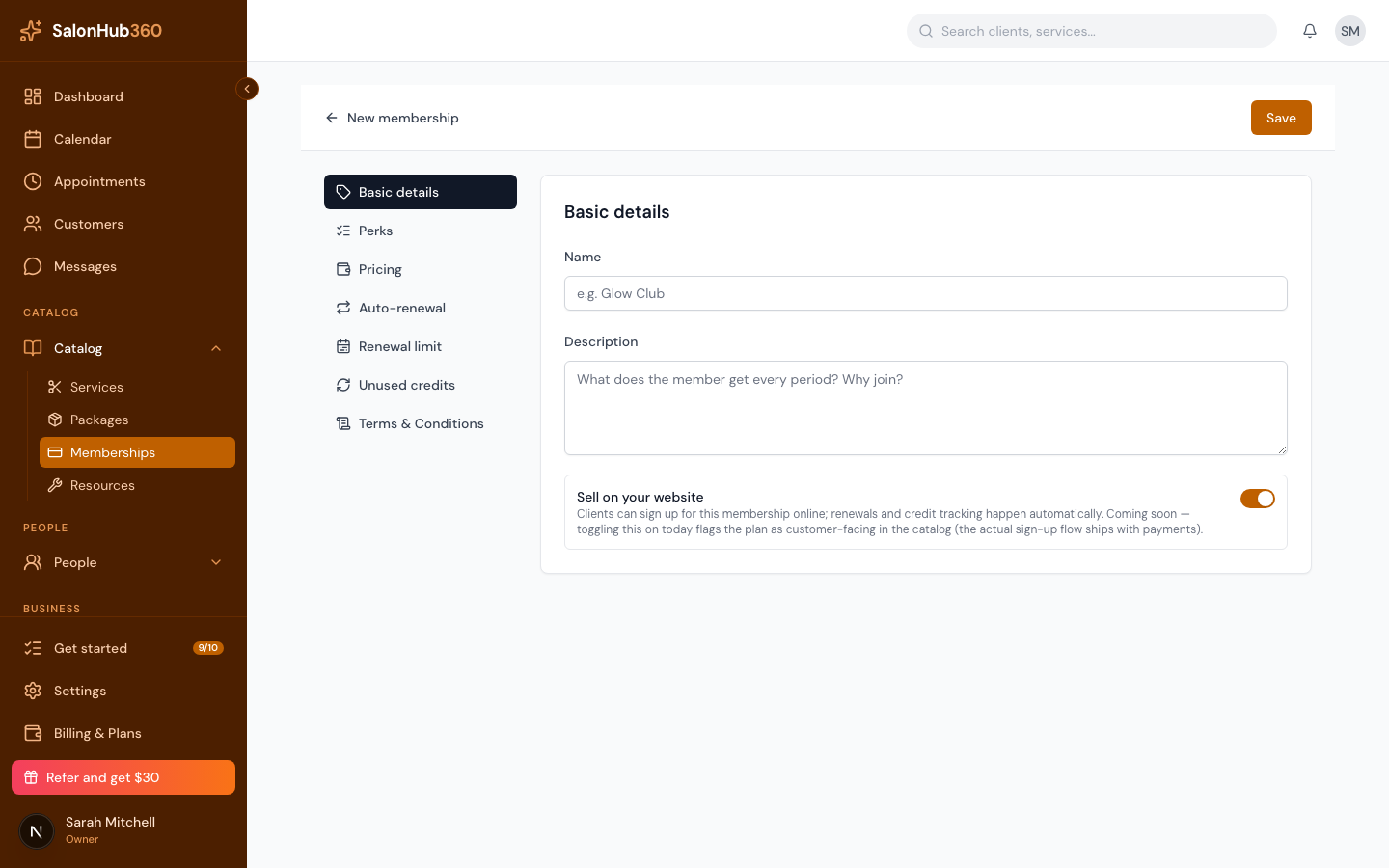 The Perks section with services added and credits per period set