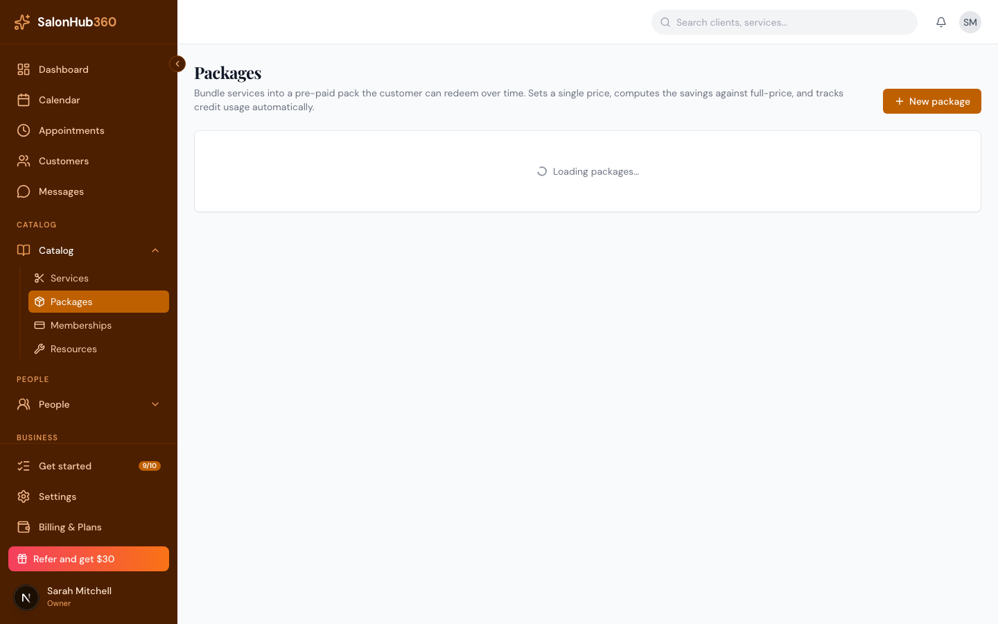 The Packages page with the New package button highlighted