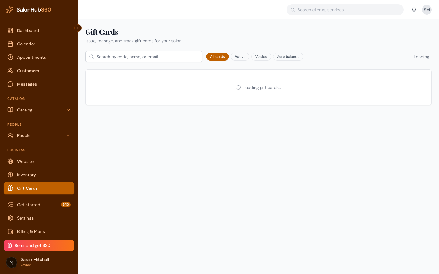 The Gift Cards page with the Issue gift card button