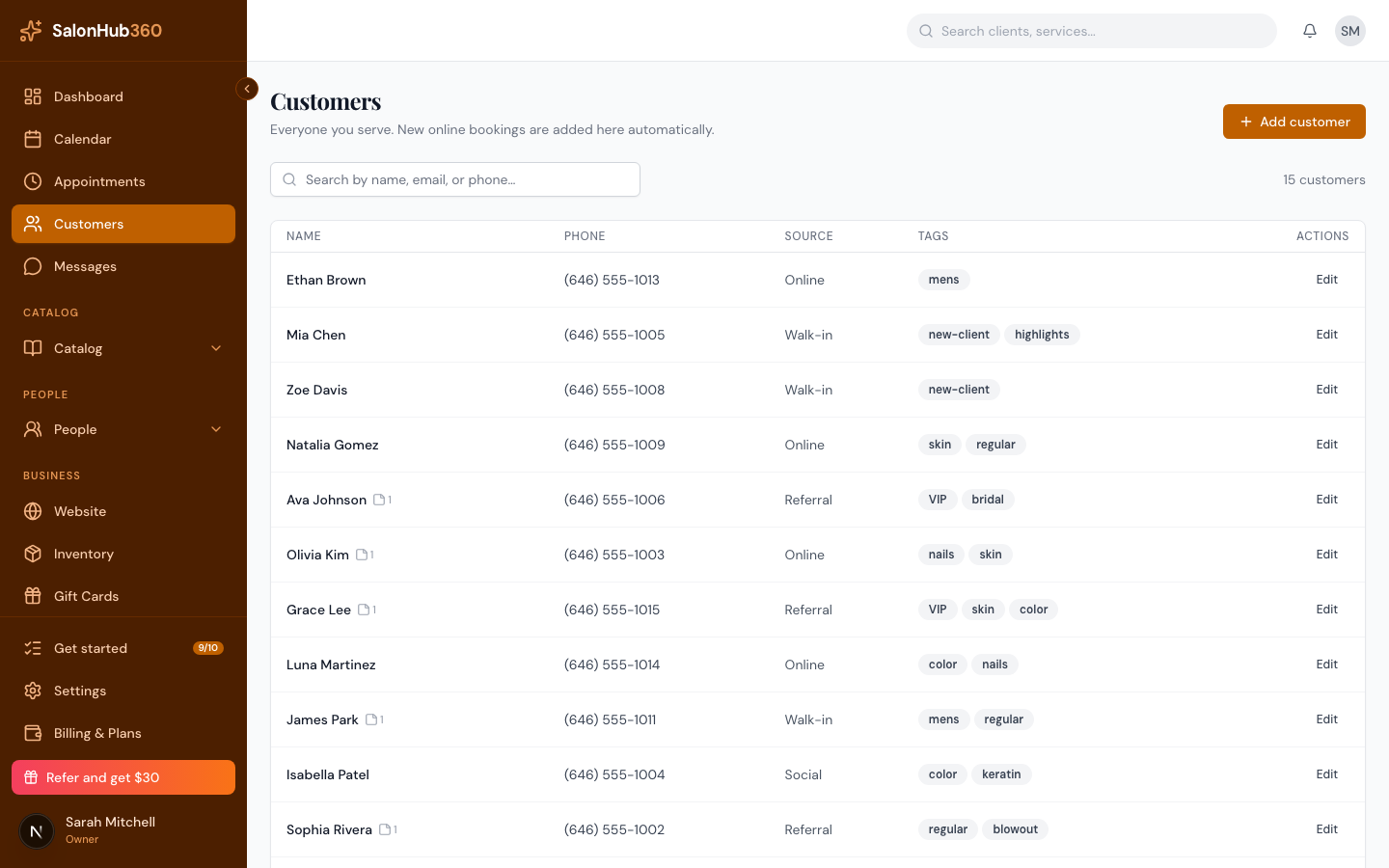 The Customers list showing tag badges in the Tags column