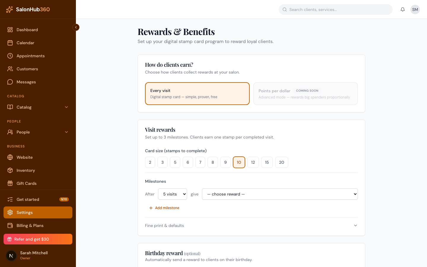 A milestone reward dropdown with the Create new reward option