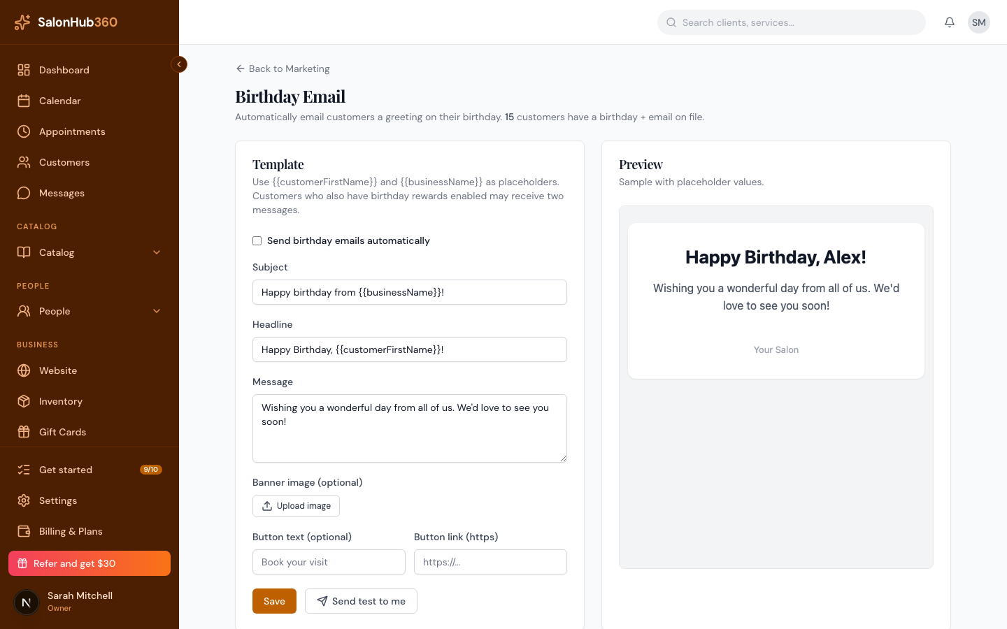 The live preview pane rendering the birthday email with placeholder values