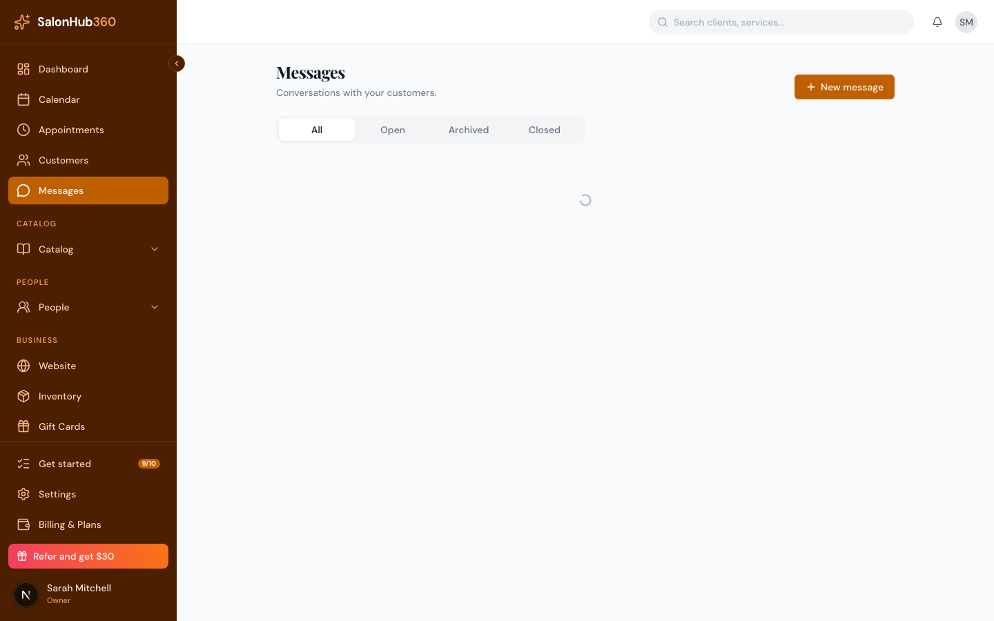 The New message dialog with a client search and a message field
