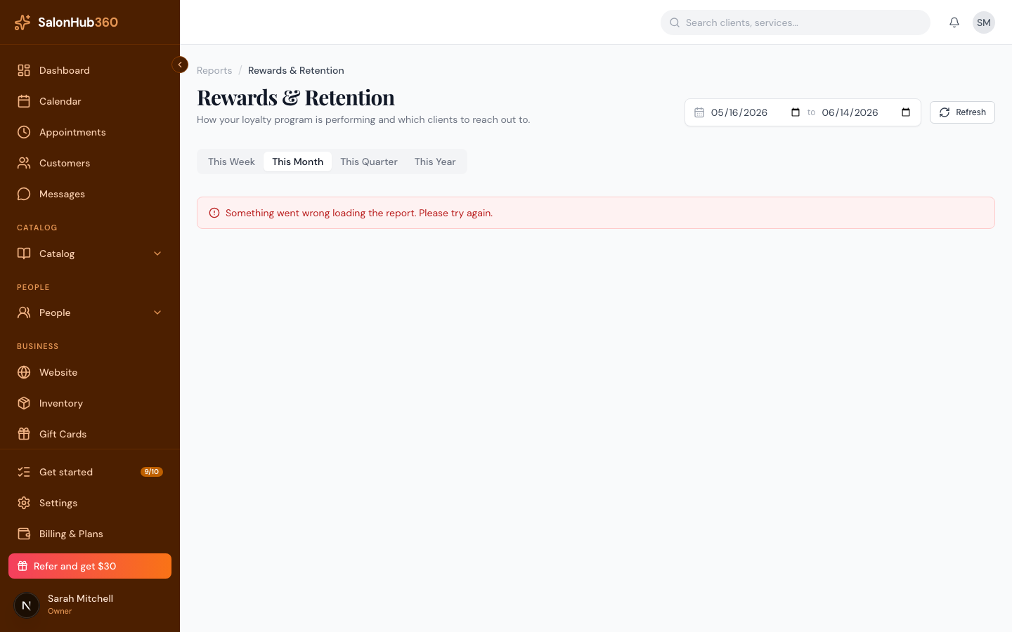 The Rewards and Retention report with rewards, gift cards, and retention sections