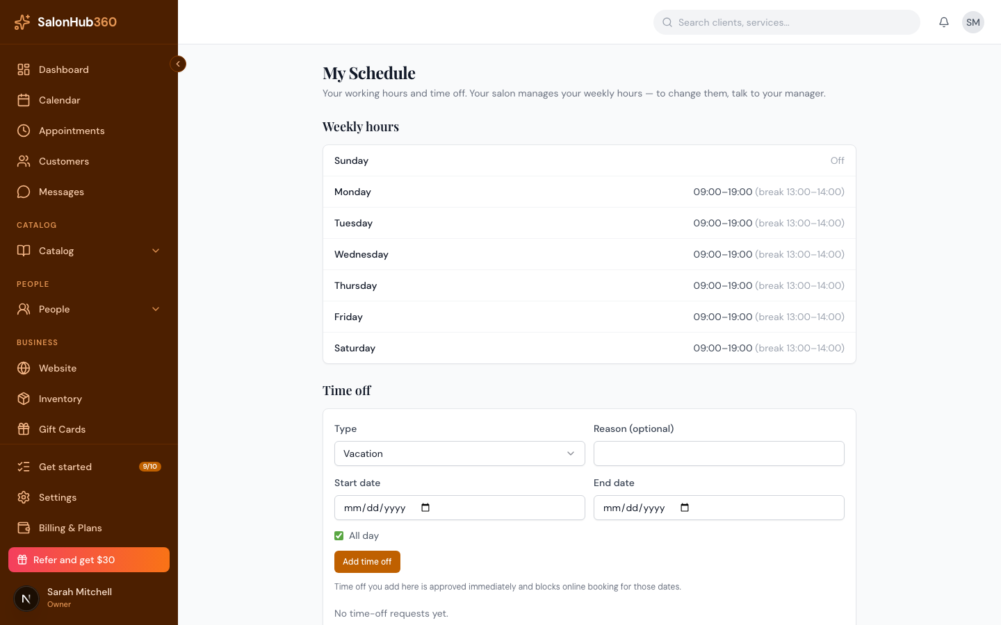 The My Schedule page showing weekly hours and a time off section