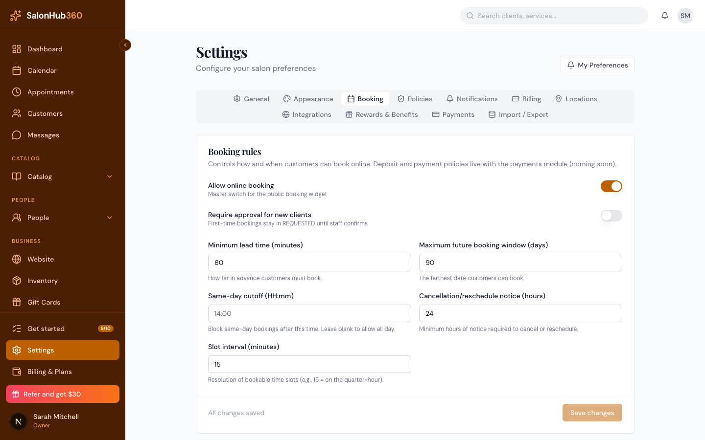 The Booking tab showing the booking rules panel