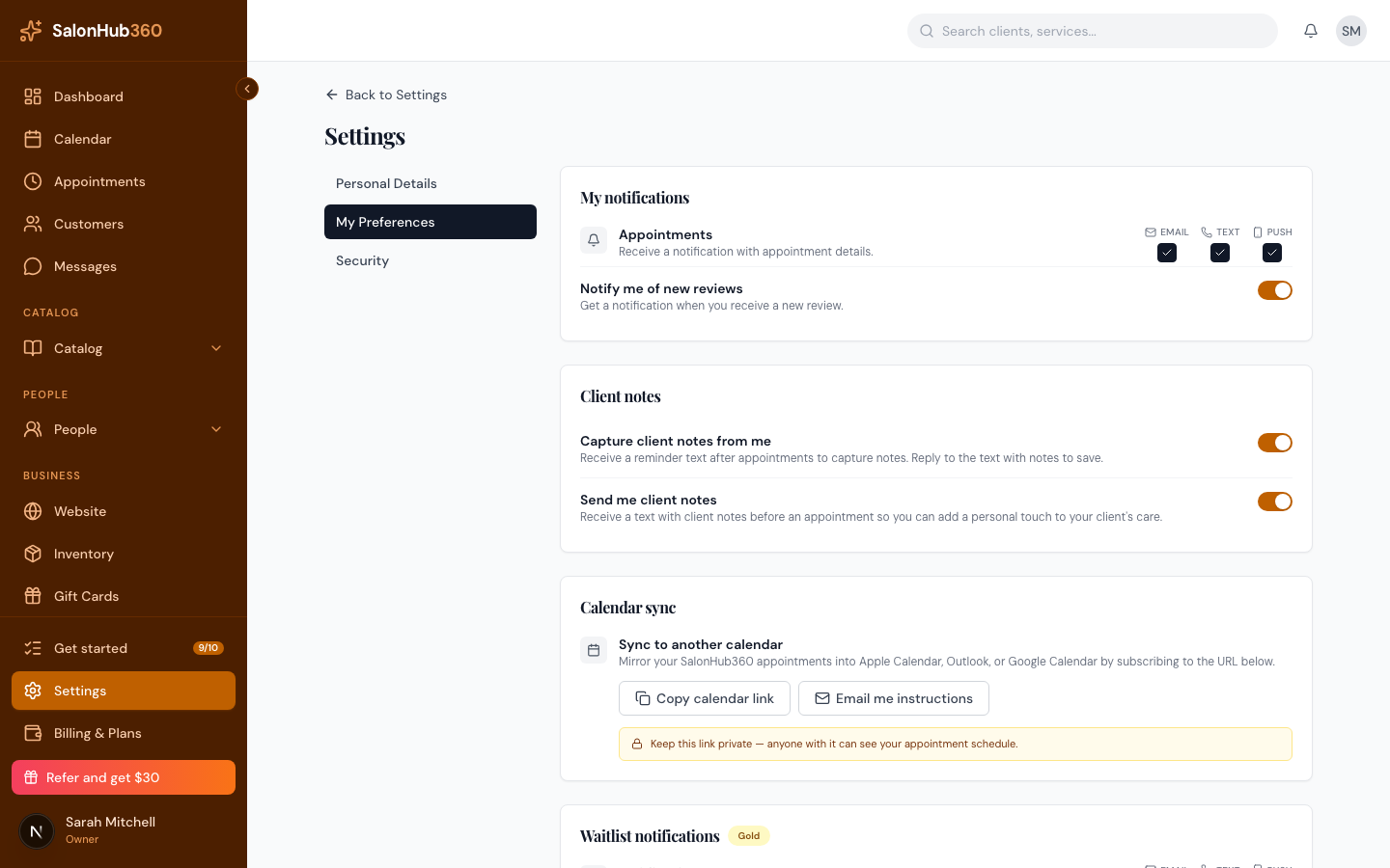 The My Preferences page with the notification sections
