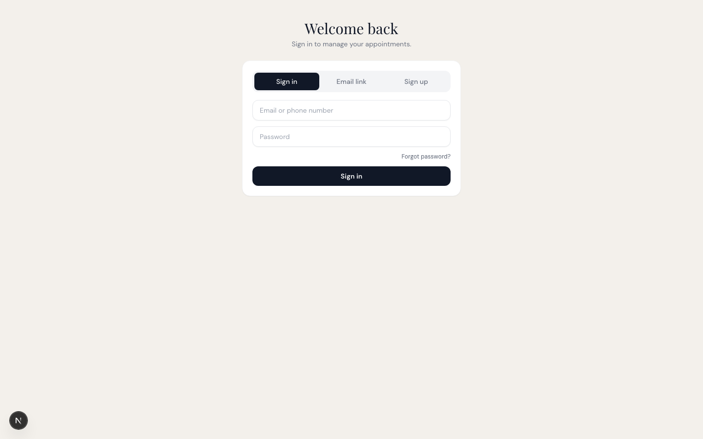 The sign-in screen with email/phone and password fields and a Sign in button