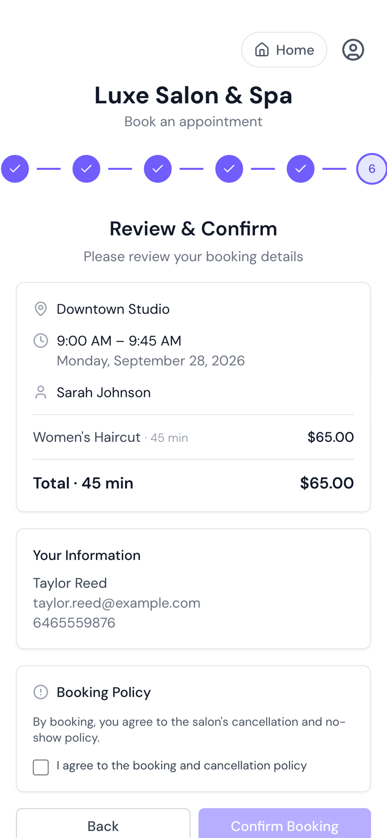 A client's booking on the Review and Confirm step