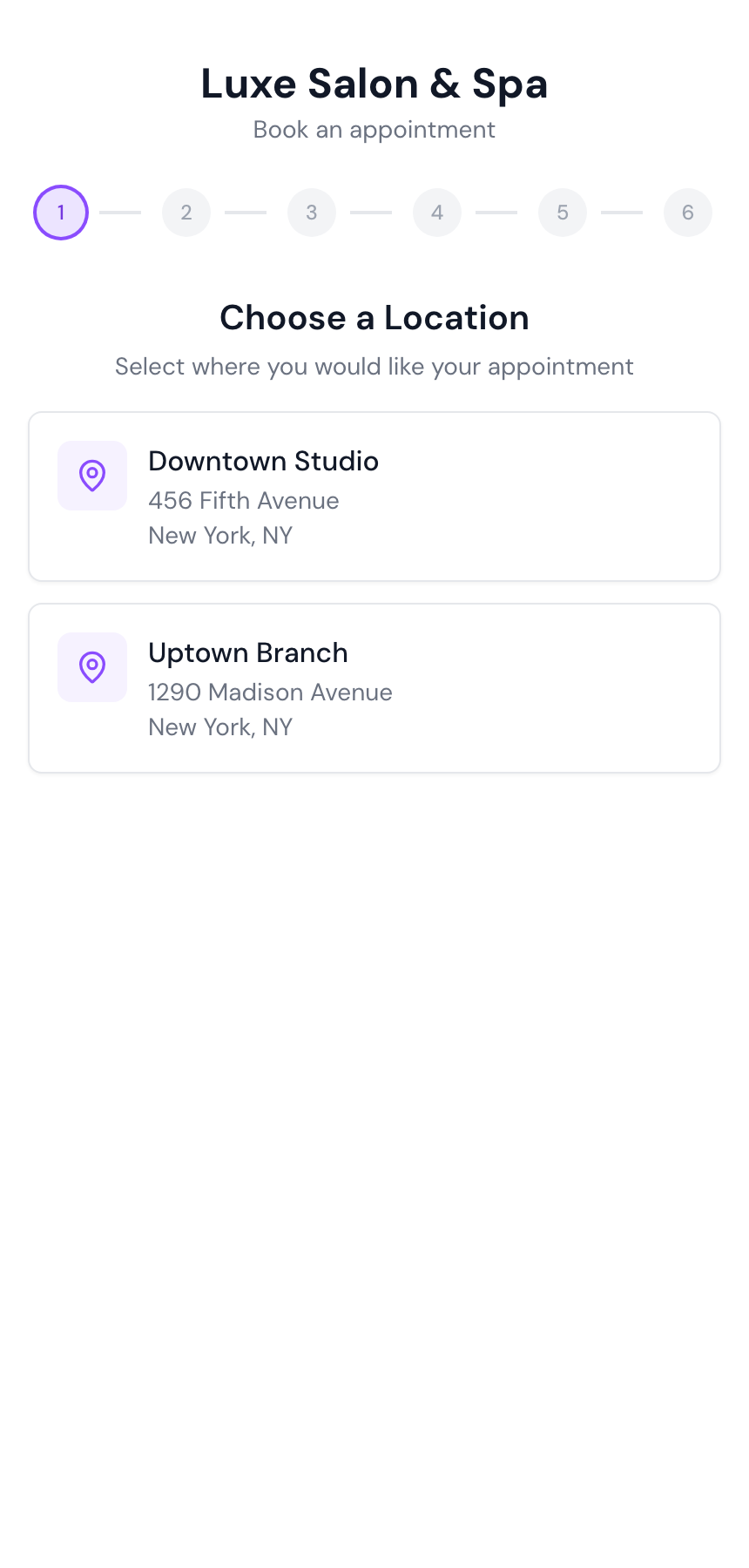 Public booking page showing location selection