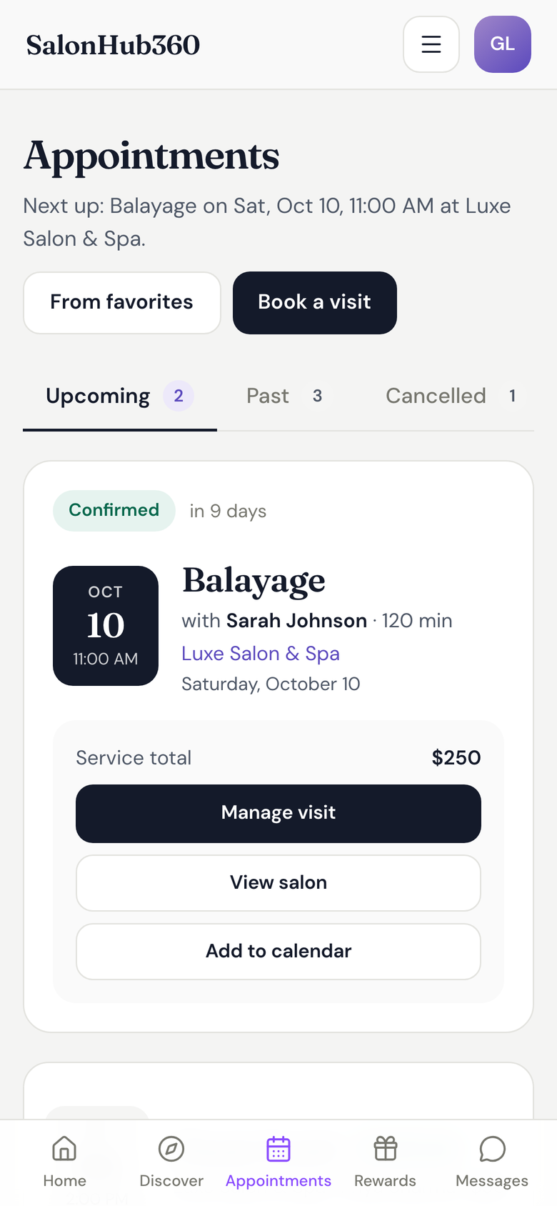 A signed-in client's appointments page showing their next visit, with Upcoming, Past and Cancelled tabs and a Manage visit button