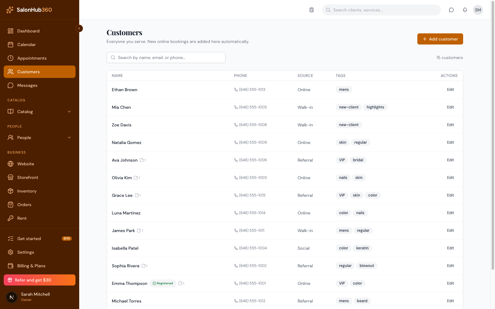 Client list showing name and booking source
