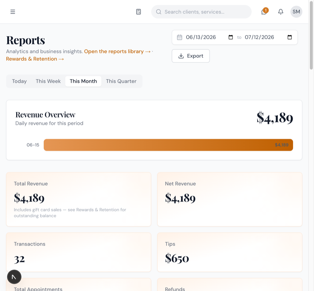 Salon reports with revenue, services and staff numbers