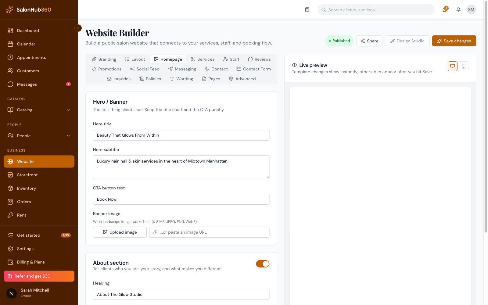 Website builder editing a salon’s public page